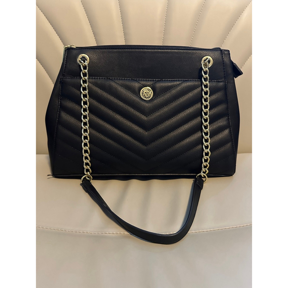 Anne Klein Handbags - Anne Klein Black Chevron Shoulder Bag Gold Chain Lion Emblem